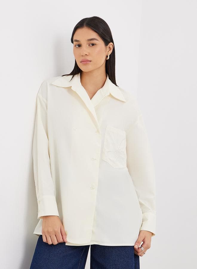 Cream Oversized Longline Shirt with Pocket Detail - Image 1