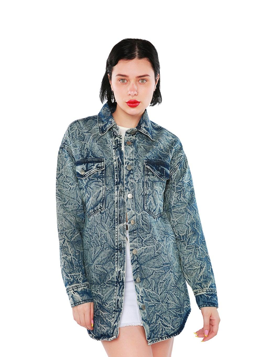 Dark Blue Acid Wash Denim Shacket - Image 1