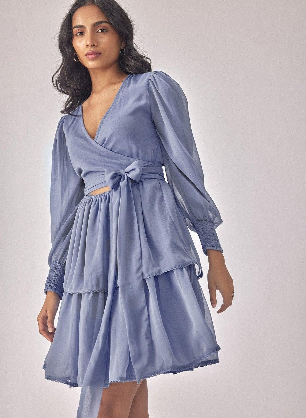 Powder Blue Tiered Chiffon V-Neck Dress - Image 1