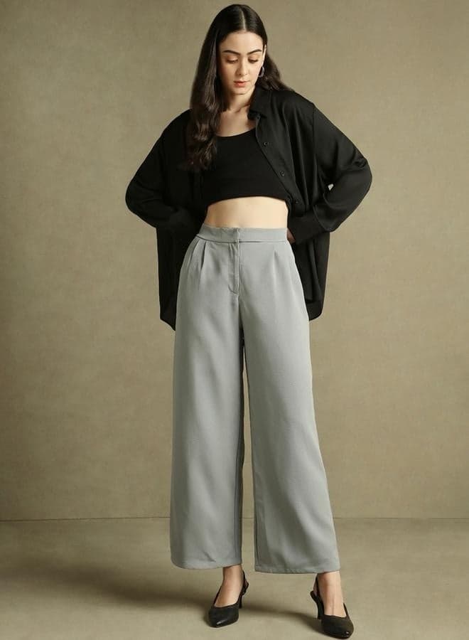 Grey Straight Leg Trousers Women Elegant Stretch Fit - Image 1
