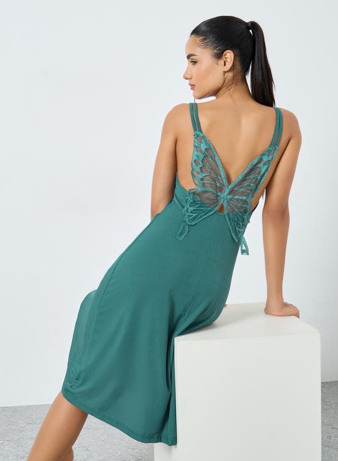 Styli Lace Butterfly Back Ribbed Teal Slip Dress - Image 1