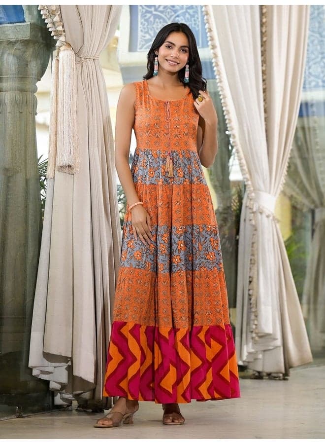 Orange Grey Floral Flared Maxi Dress - Image 1