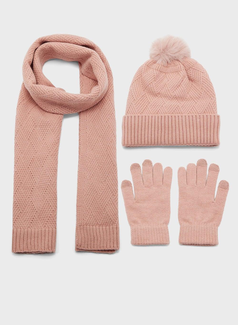 3-Pack Winter Pom Pom Beanie, Scarf & Gloves Set - Image 1