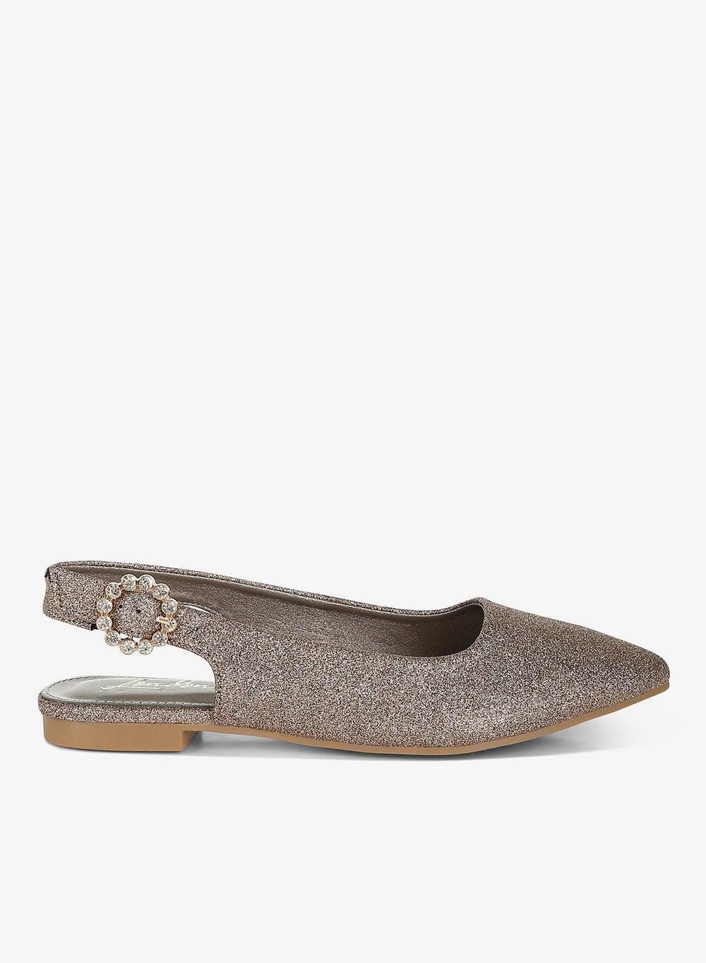 Bronze Glitter Slingback Flat Sandals with Rhinestone Buckle - Image 1
