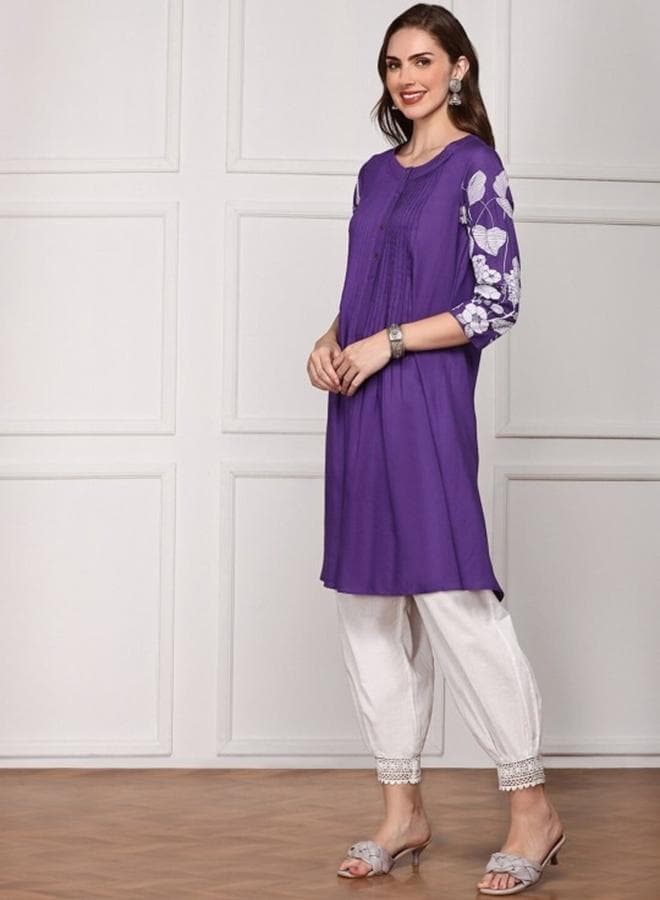 Purple Printed Rayon Straight Fit Kurta for Women - Image 1