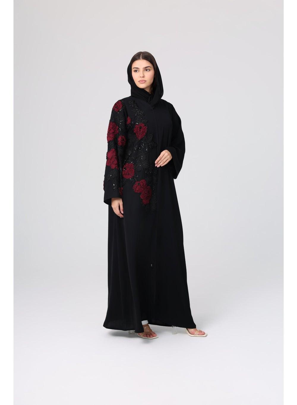ABY1122 Red Rose Embroidered Beaded Abaya - Image 1