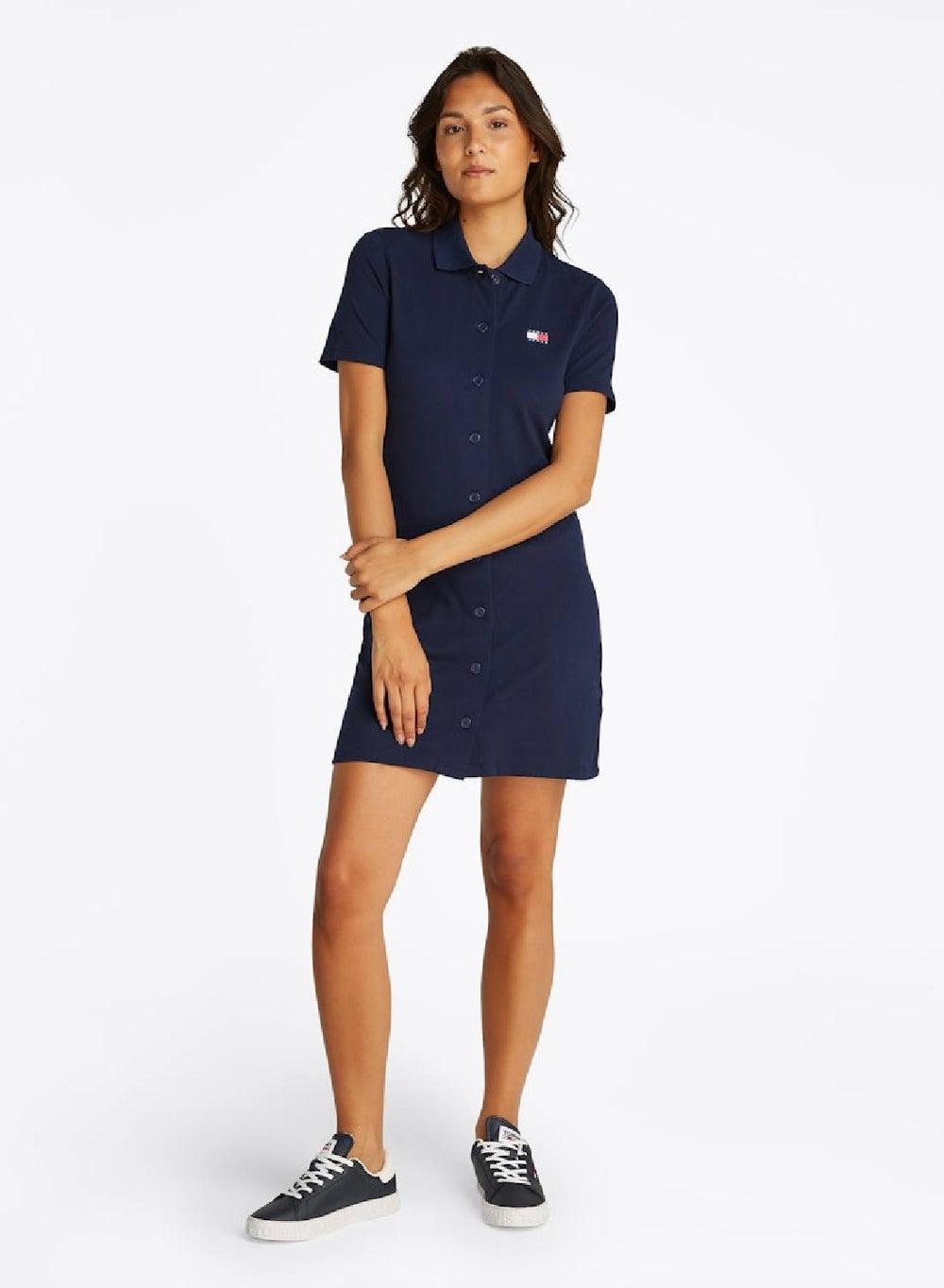 Navy Button-Up Polo Mini Dress in Stretch Jersey - Image 1