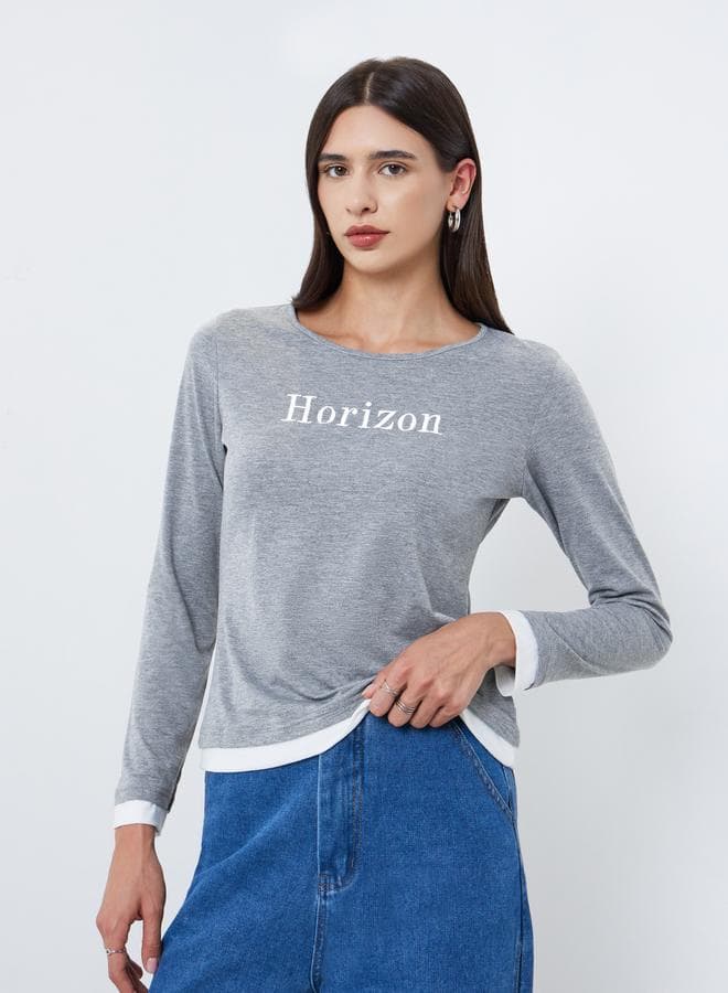 Styli Grey Embbroidered Contrast Trim Regular T-Shirt - Image 1