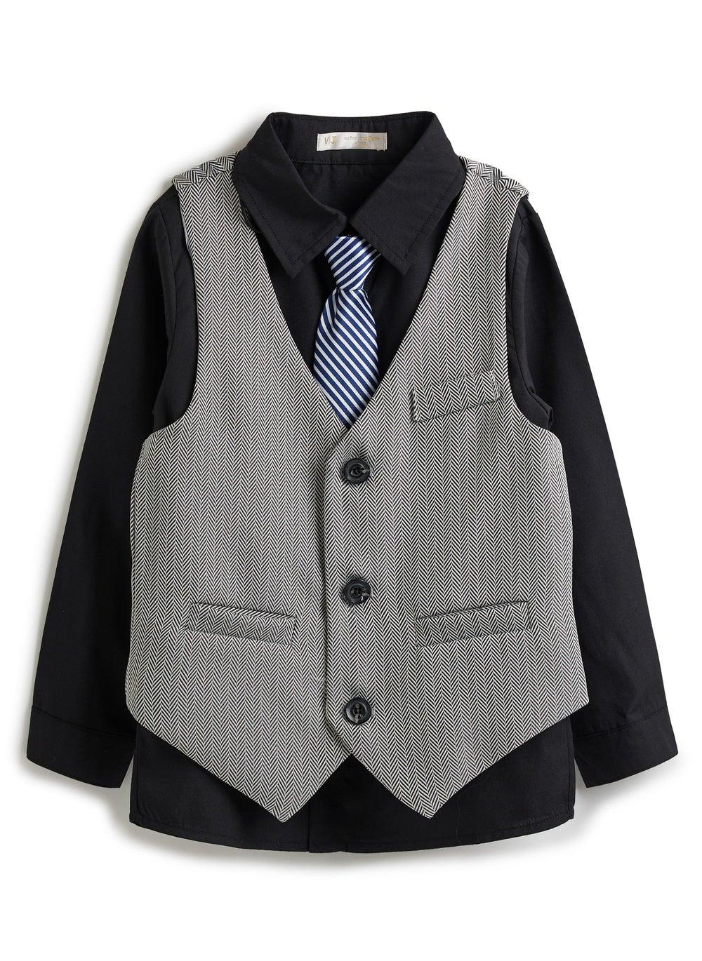 Grey Herringbone Boys Waistcoat Suit Set with Bow Tie - Image 1