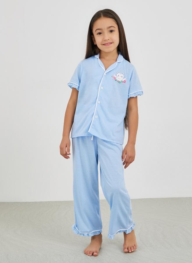 Girls Printed Buttoned Shirt & Pyjama Set - Image 1