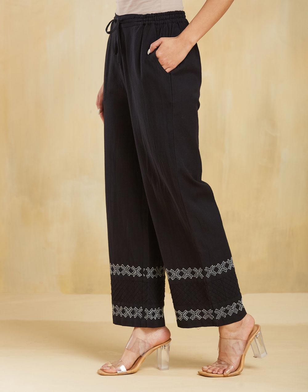 Black Cotton Chikankari Slim Fit Casual Pants - Image 1