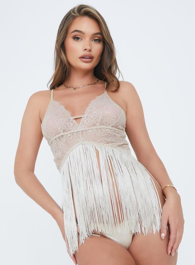 All Lace Front Babydoll with Fringe Detail Thong Set - Image 1