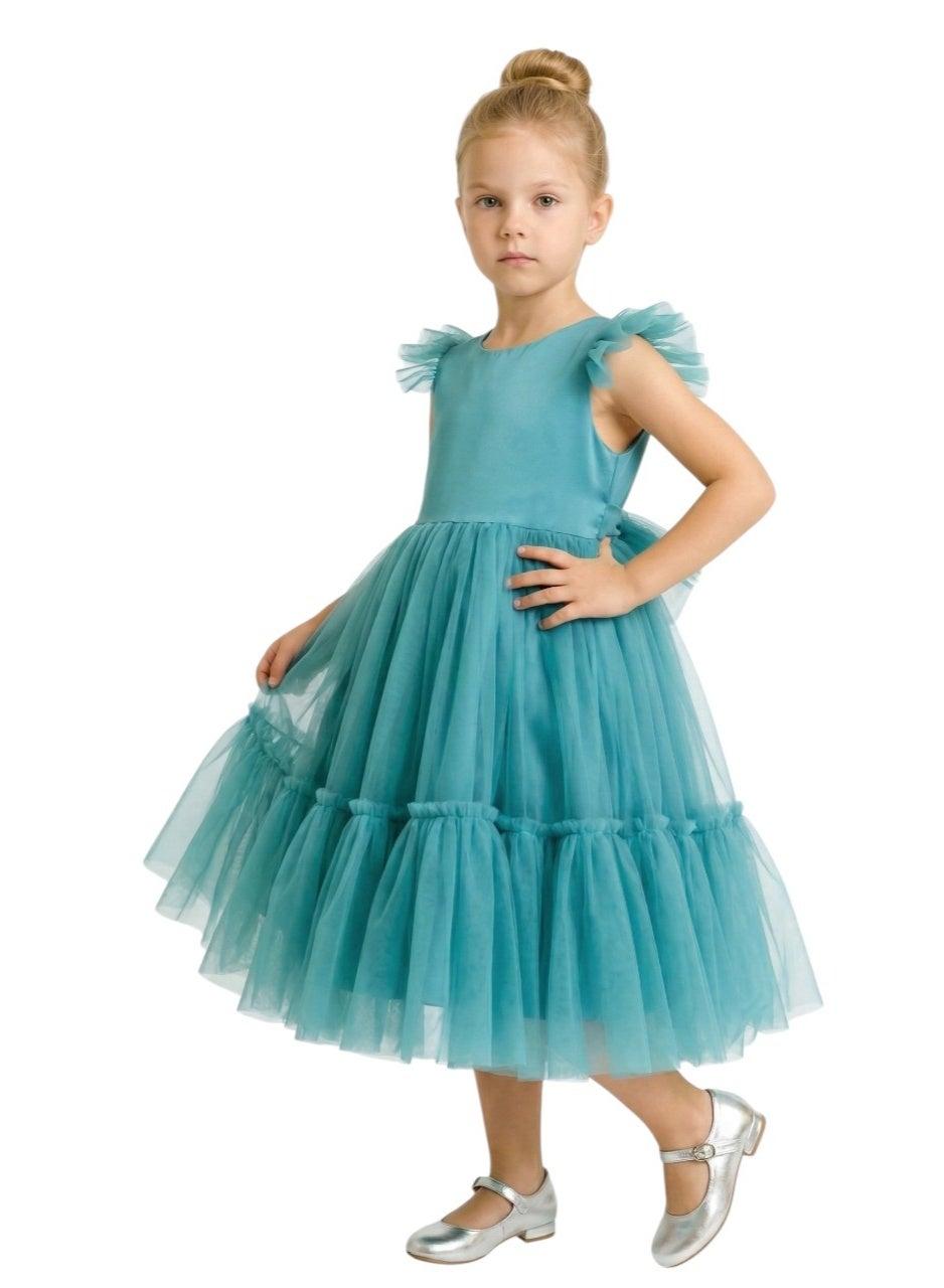 Teal Satin Ruffled Tulle Dress - Image 1