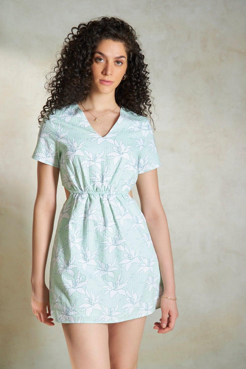 Floral Cutout Mini Dress in Light Green Print - Image 1