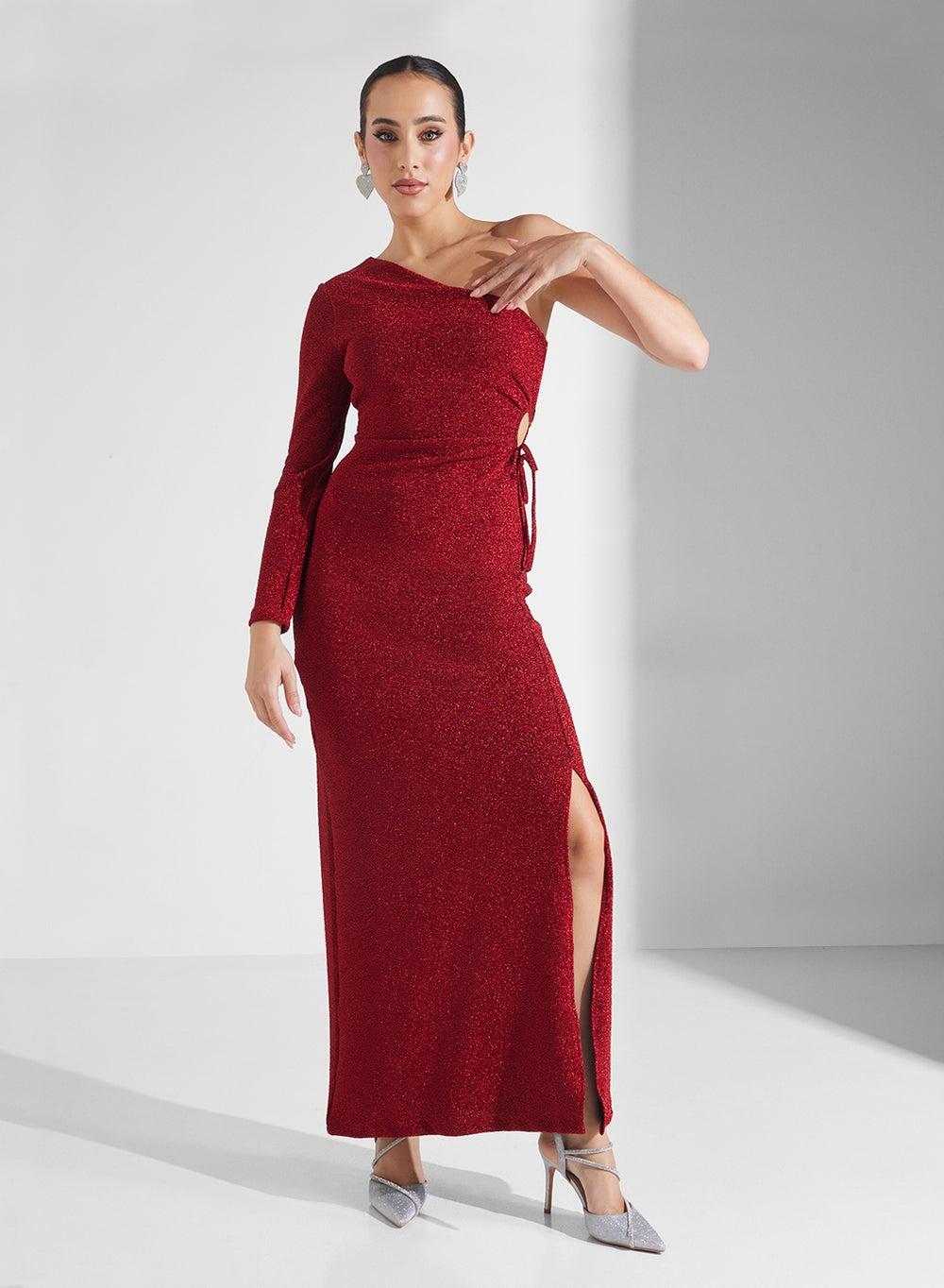 Red One-Shoulder Slit Maxi Evening Dress - Image 1
