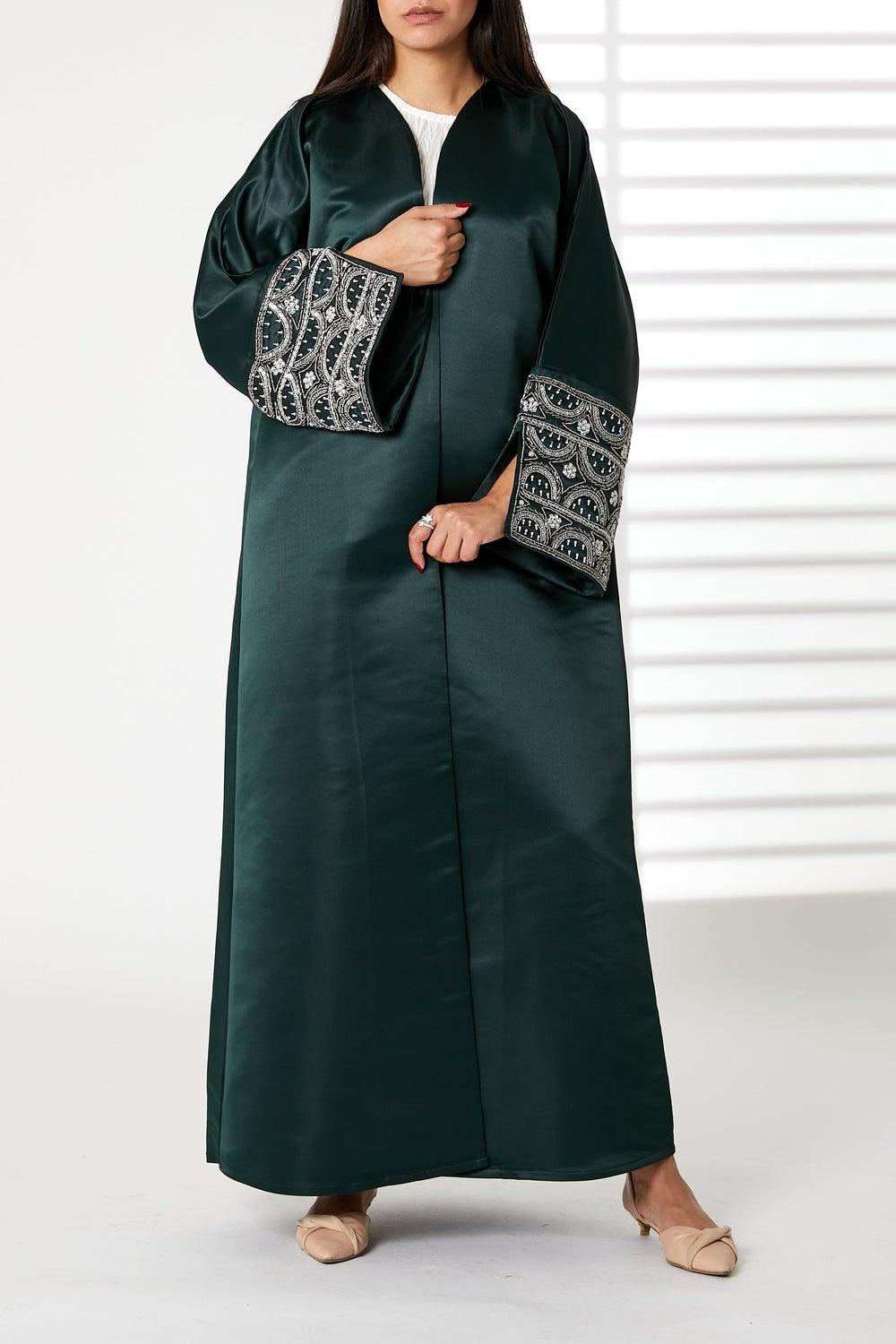V-Neck Satin Cuff Split Abaya Elegance - Image 1