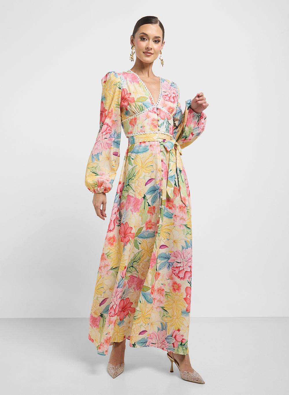 Floral Chiffon Maxi Dress with Tie Waist Elegance - Image 1