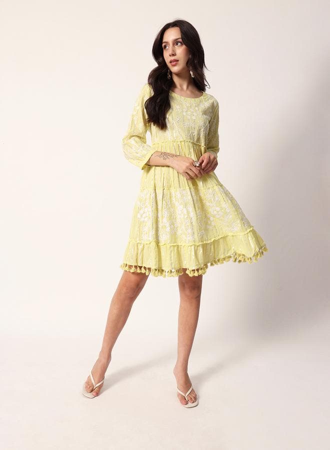 Yellow Textured Cotton Mini Smock Dress Regular Fit - Image 1