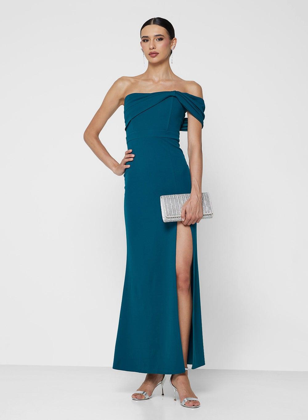 Teal Off-Shoulder Maxi Gown with Thigh Slit - Image 1