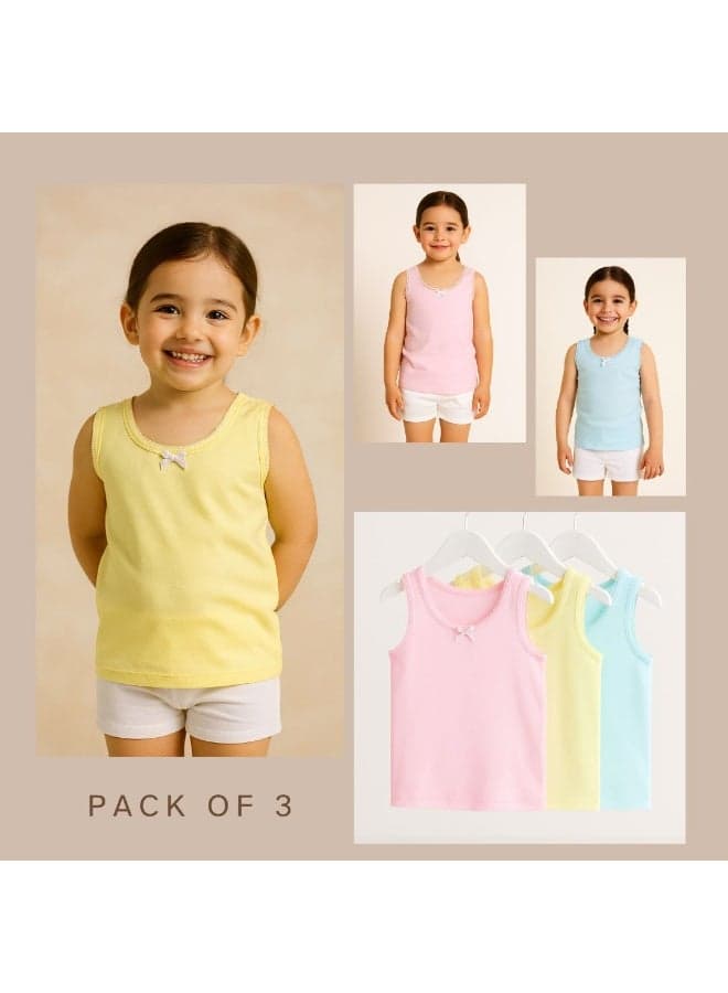 3-Pack Girls' Cotton Vests Pastel Pink Yellow Blue - Image 1