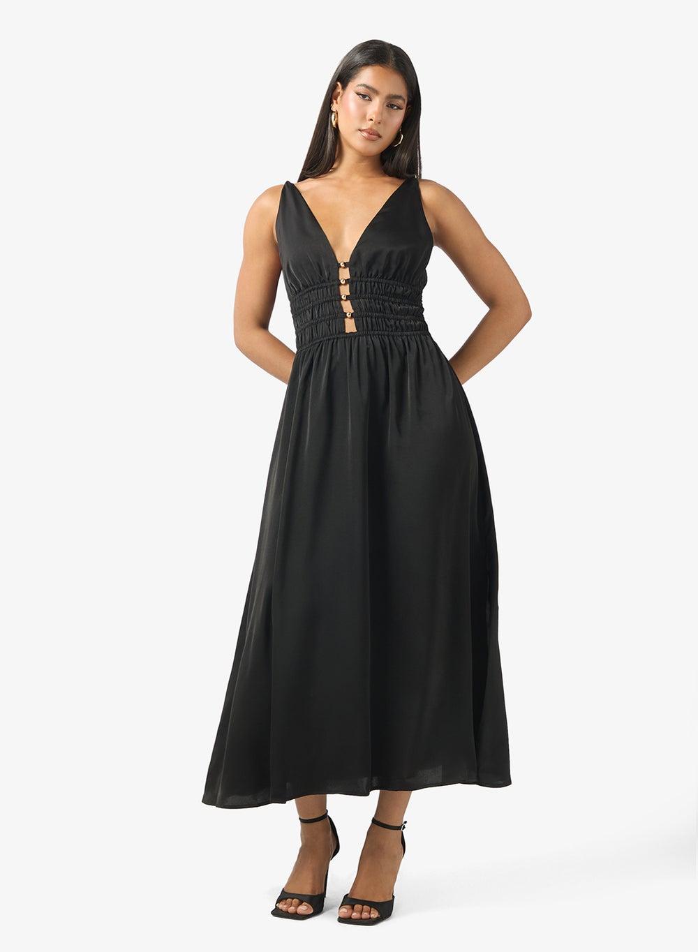 Deep Neck A-Line Midi Dress for Effortless Elegance - Image 1