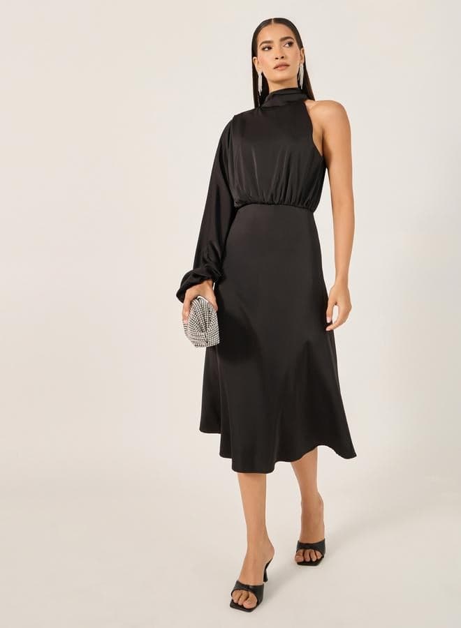 Asymmetric Black One-Sleeve Midi Dress - Image 1