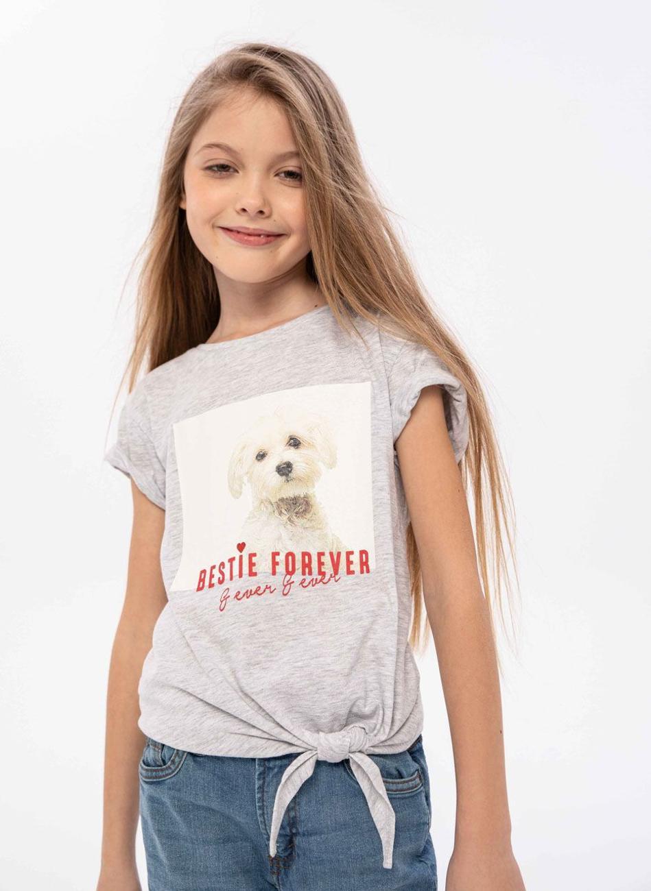 Girls Tie Front Graphic T-Shirt Grey - Image 1