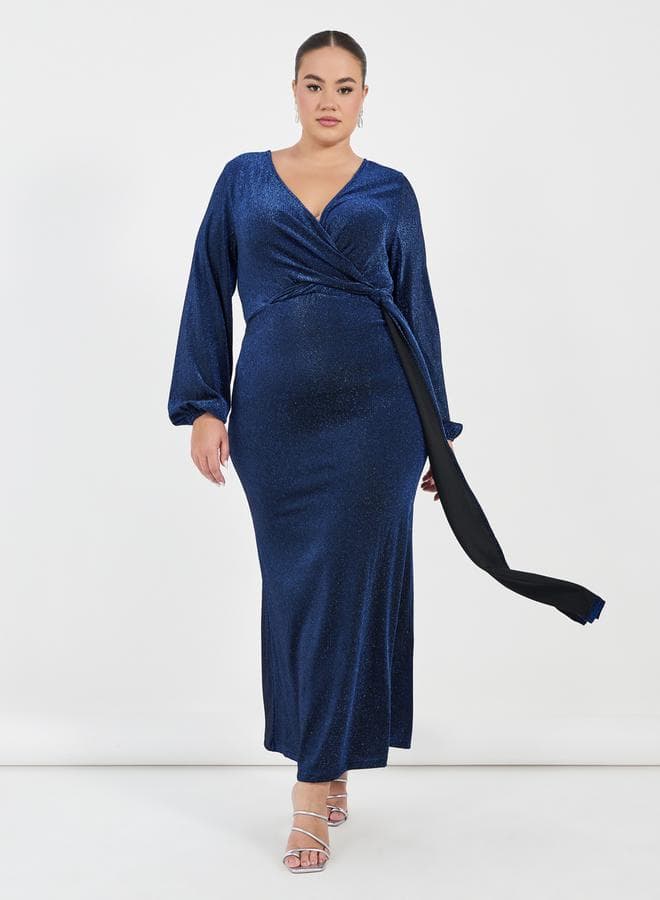 Shiny Wrap Maxi Dress with Sash Detail - Image 1