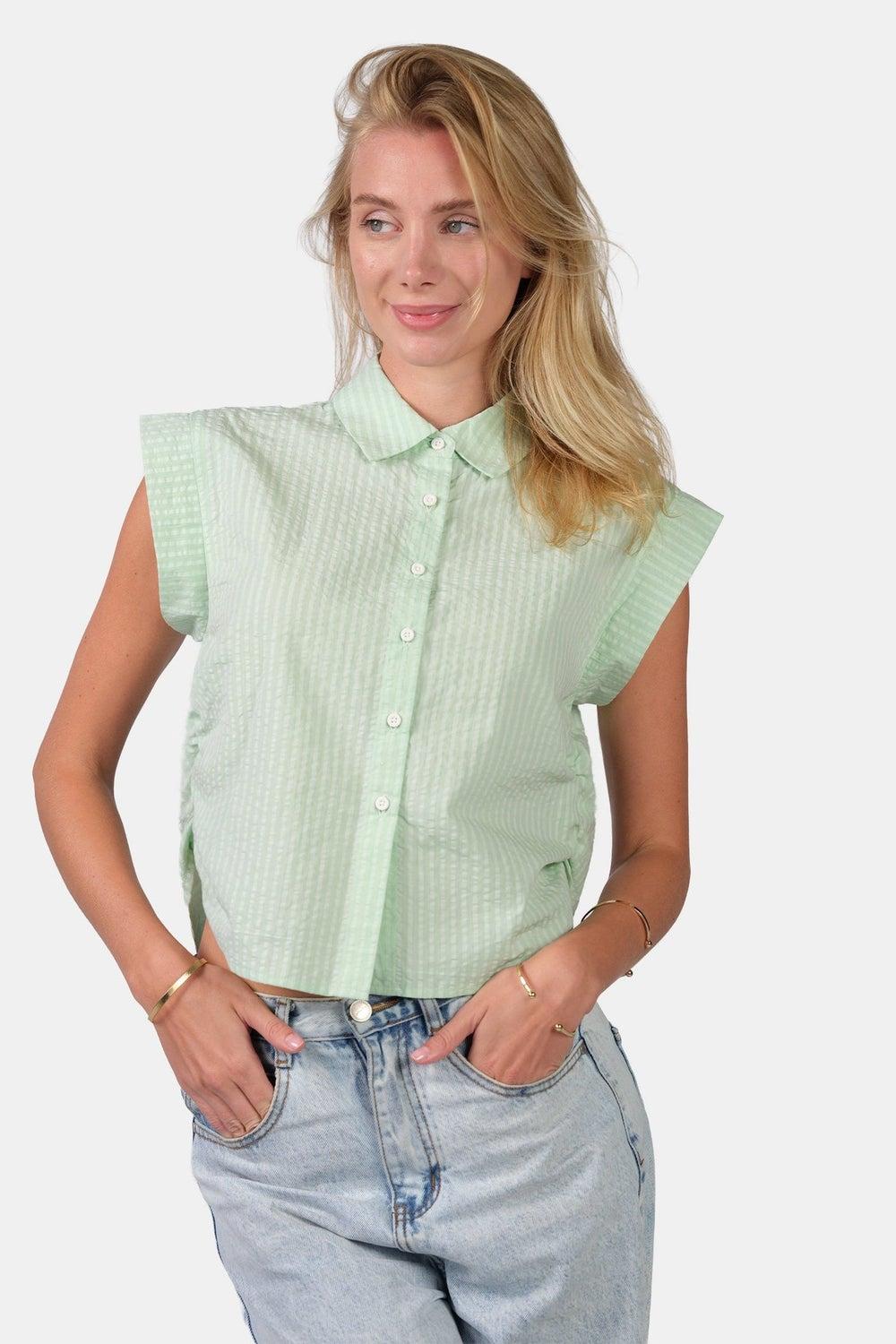 Striped Cotton Ruched Sleeveless Shirt for Women - Image 1