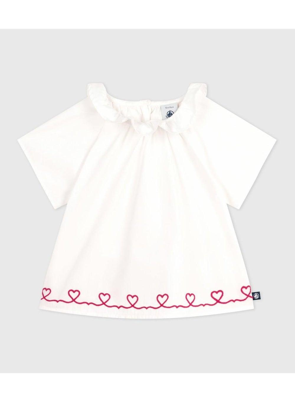 Baby Girls Cotton Poplin Blouse with Embroidered Hearts - Image 1