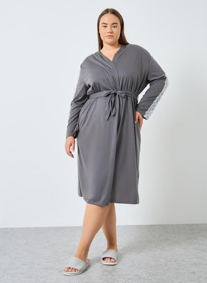 Styli Plus Size Grey Lace Sleeve Robe - Image 1
