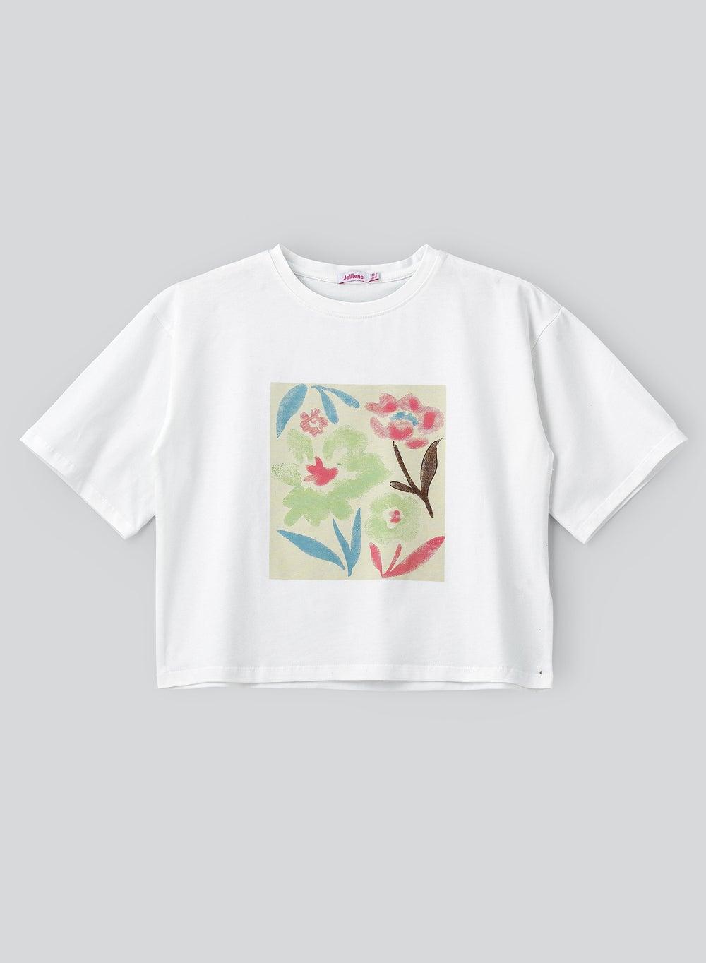 Girls' Floral Print Stretch Cotton T-Shirt - Image 1
