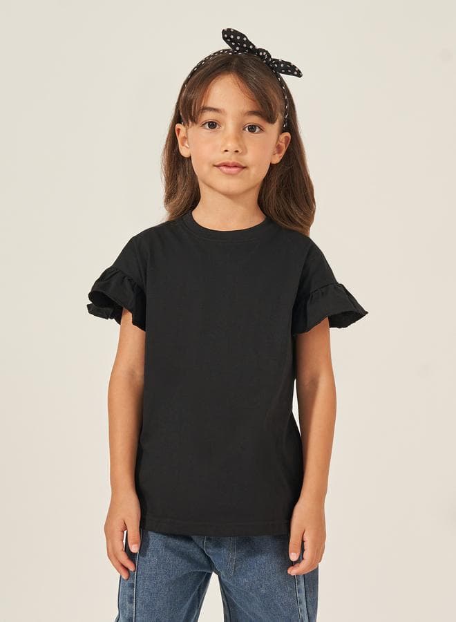 Solid Dropped Shoulder Baby Tee with Ruffle Trim - Image 1