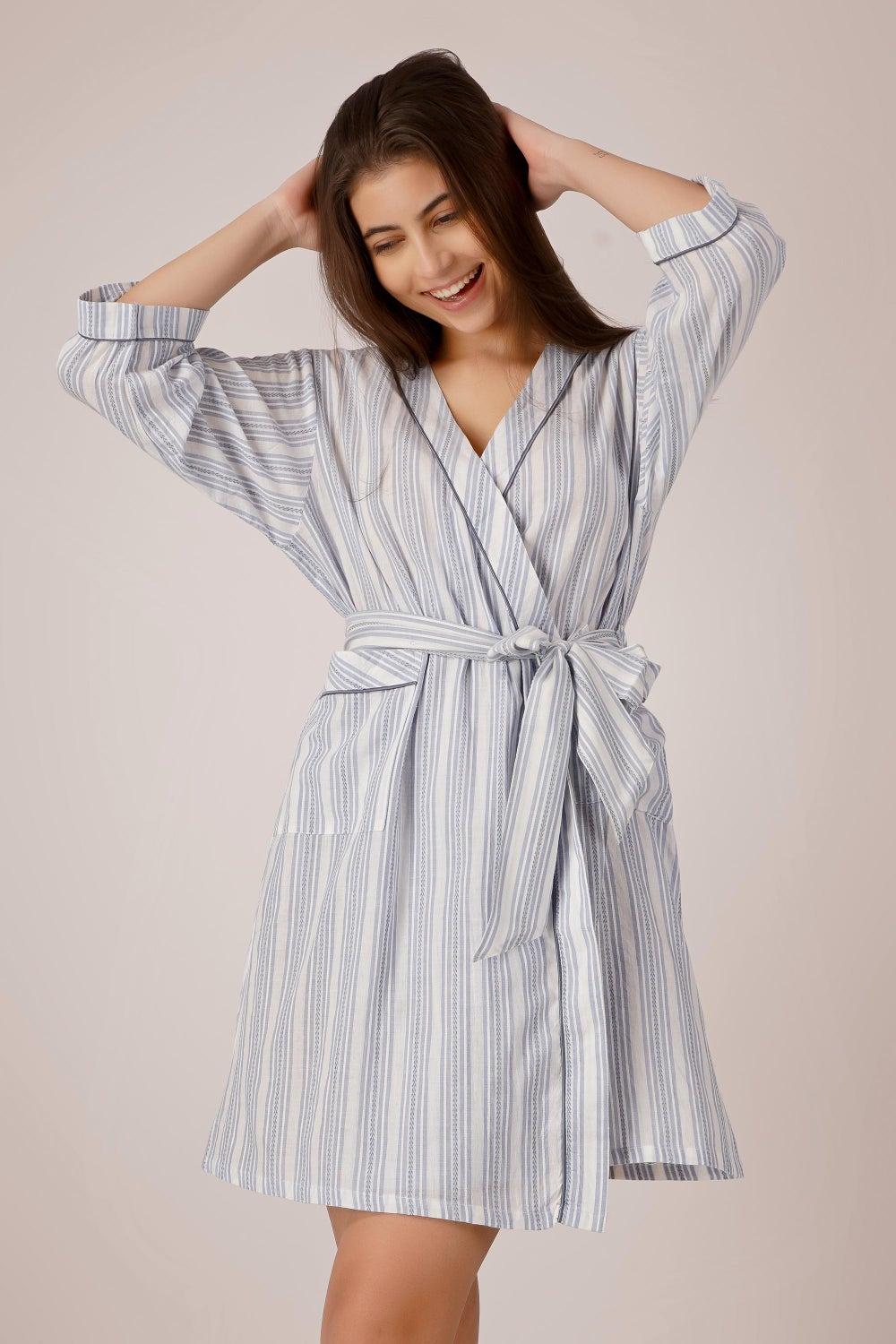 Aly Blue Cotton Short Robe - Image 1