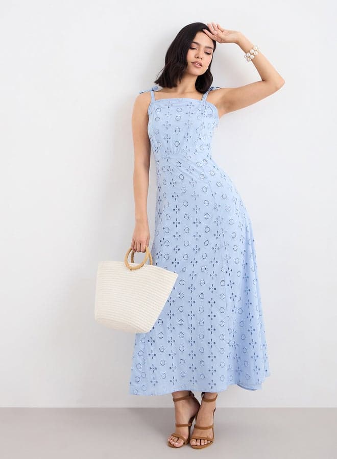 Styli Schiffli Cotton Maxi Dress Blue A-Line Elegance - Image 1