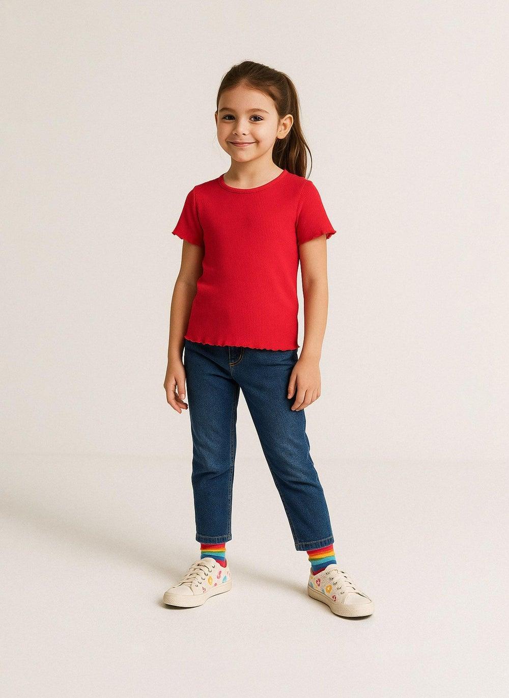 Girls Ribbed Red Short Sleeve T-Shirt - Image 1