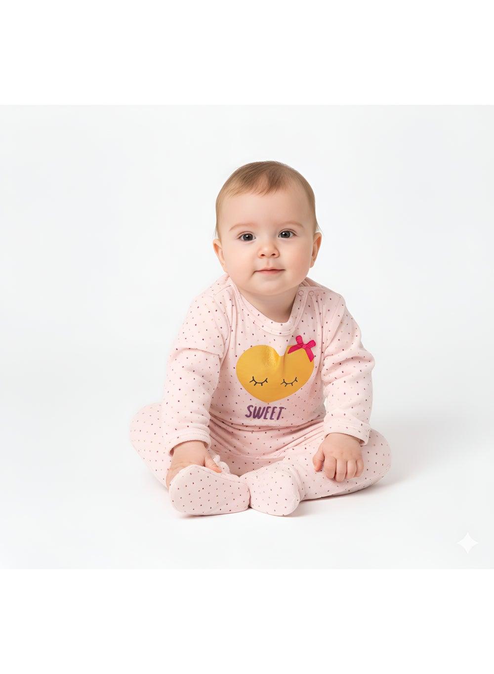 Bambimici Heart Print Polka Dot Long Sleeve Bodysuit Peach - Image 1