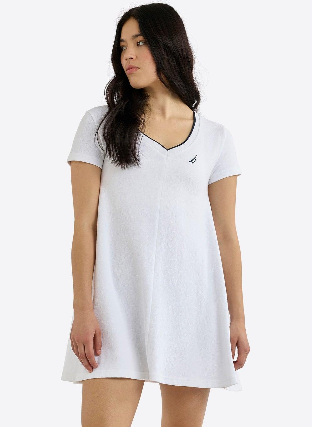 White V-Neck Terry Mini Dress with Navy Trim - Image 1