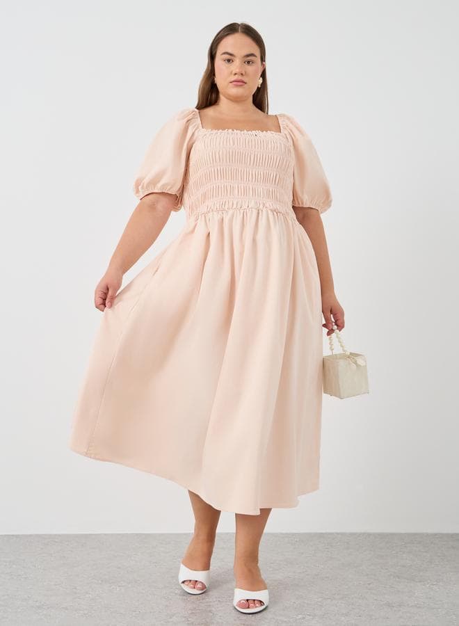 Plus Size Puff Sleeve Smocked A-Line Midi Dress - Image 1