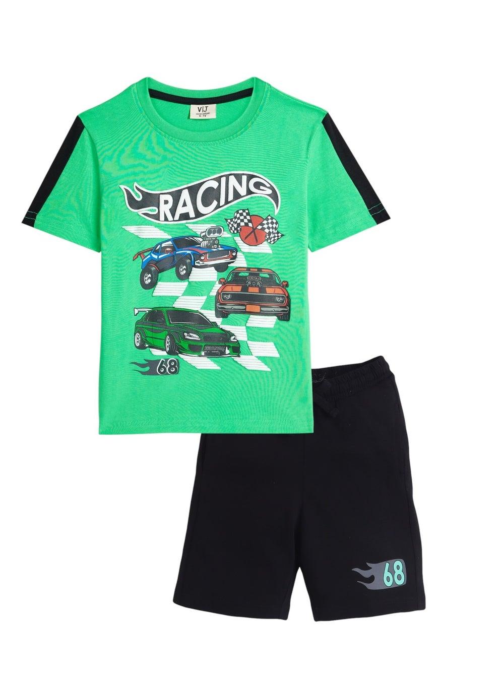Victor and Jane Boys' Racing Cars T-Shirt Green - Image 1
