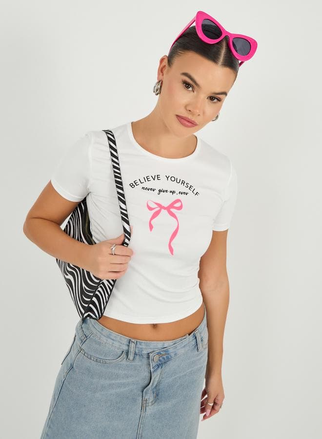 Slogan Print Fitted Crop T-Shirt - Image 1