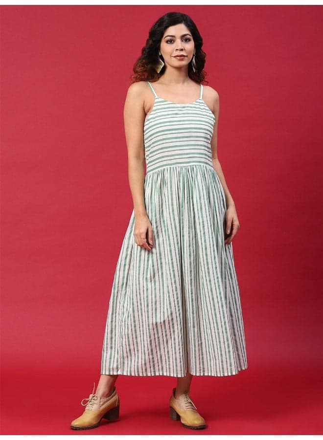 Green & White Stripe Midi Dress with Slim Straps - Image 1