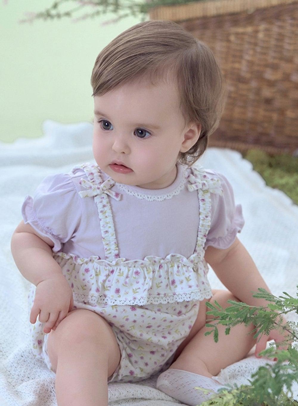 Baby Girl Cotton Romper Lavender Floral Ruffle Detail - Image 1