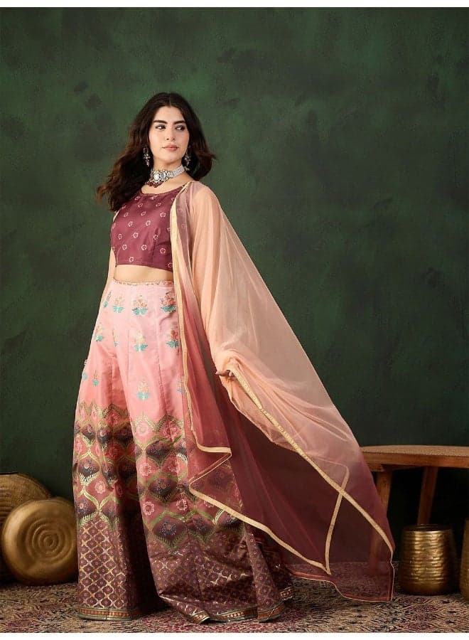 Wine & Peach Jacquard Lehenga Choli Set - Image 1