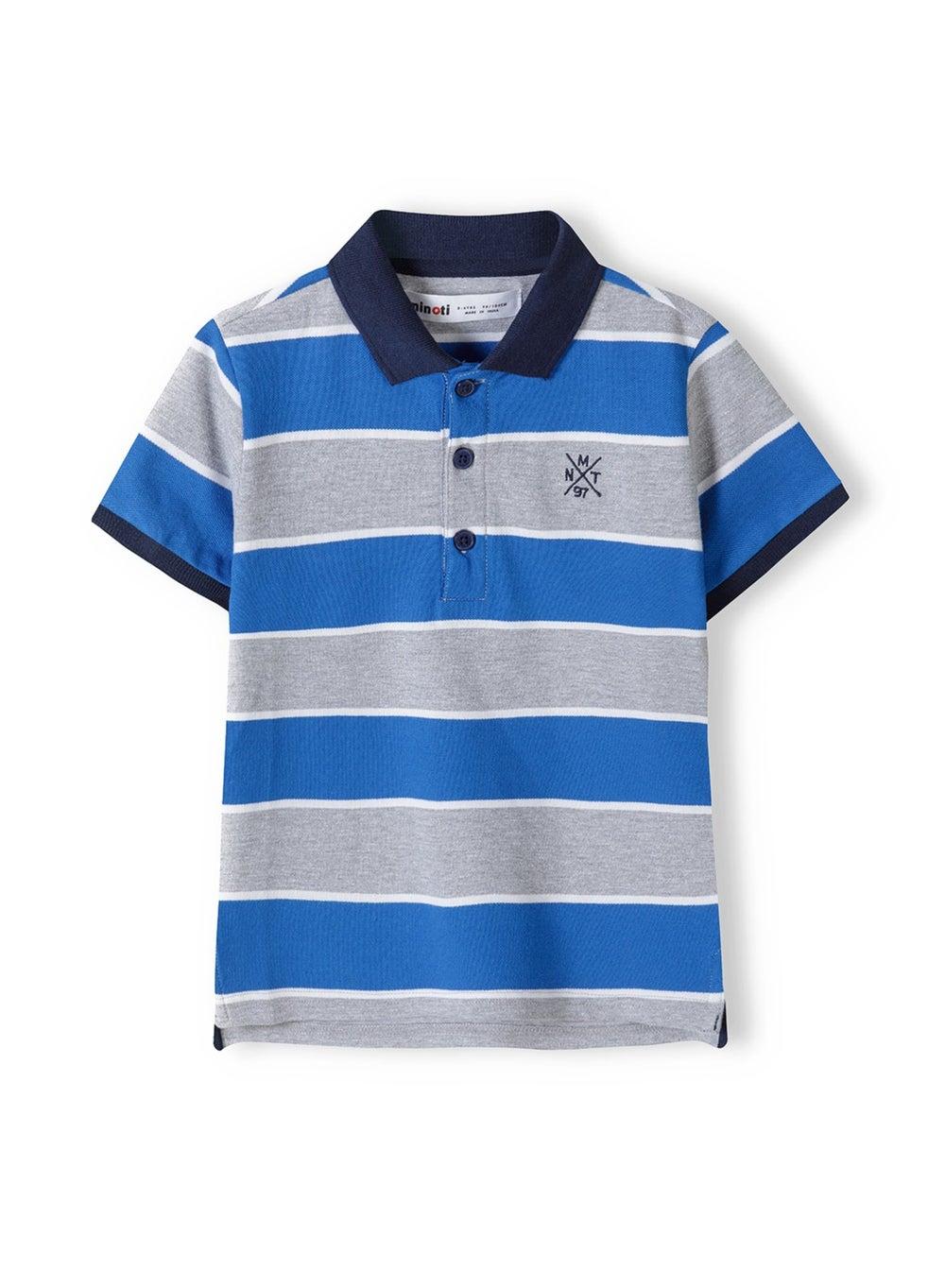 Boys Striped Blue Polo Shirt with Embroidered Detail - Image 1