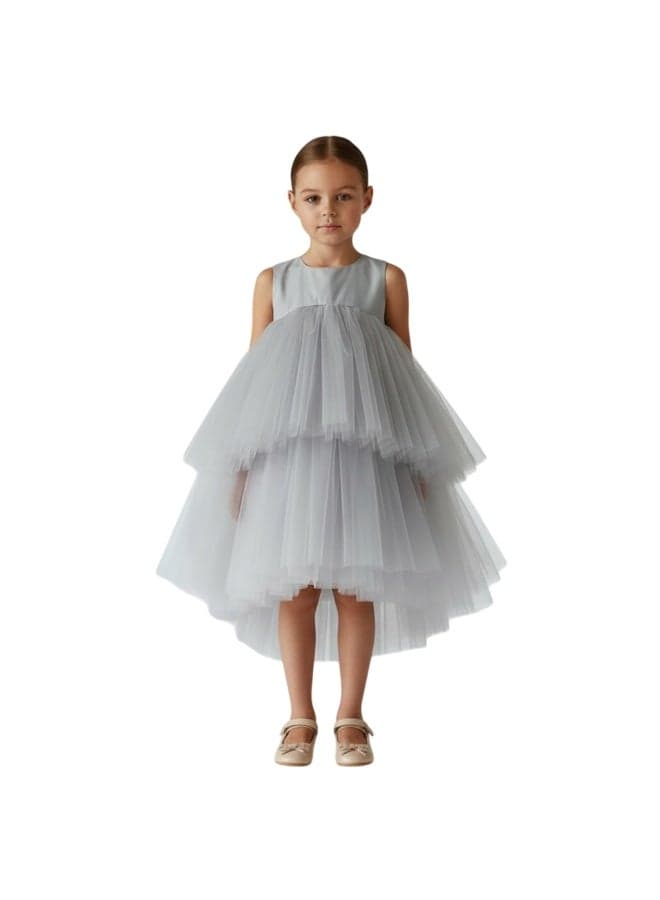 Girls Tiered Tulle Dress in Soft Grey - Image 1