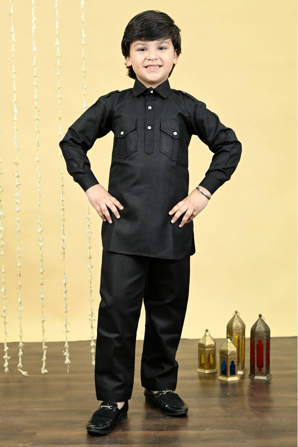Boys Black Cotton Blend Kurta Salwar Set - Image 1