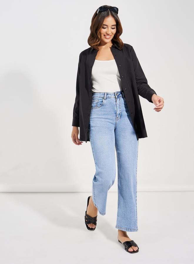 Longline Solid Woven Shirt with Button Placket - Image 1