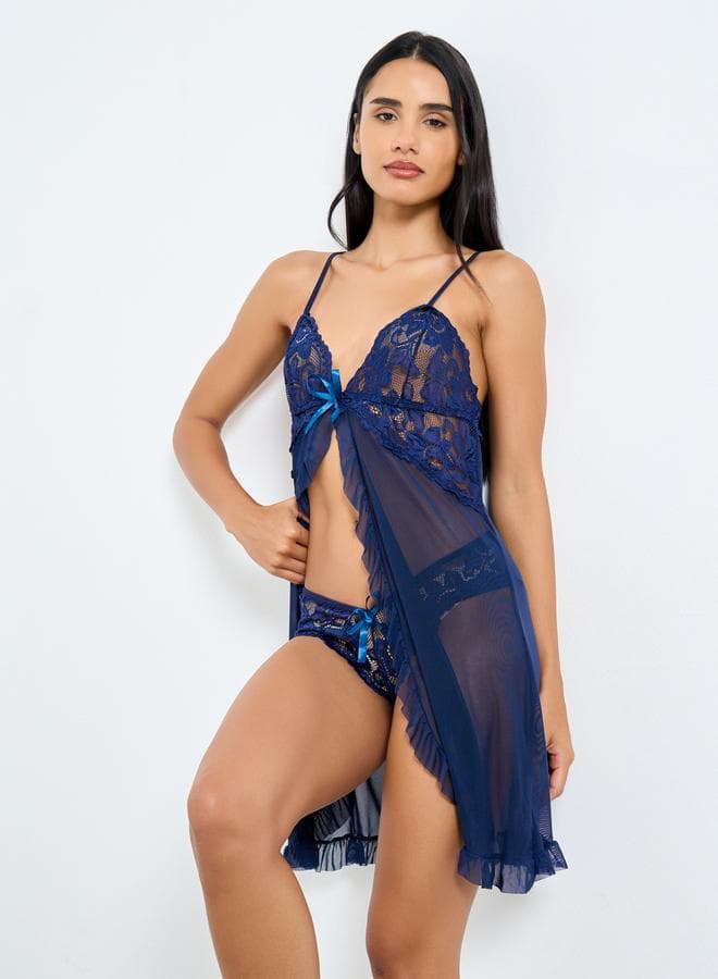 Styli Lace Center Front Babydoll with Ruffle Hem Brief - Image 1