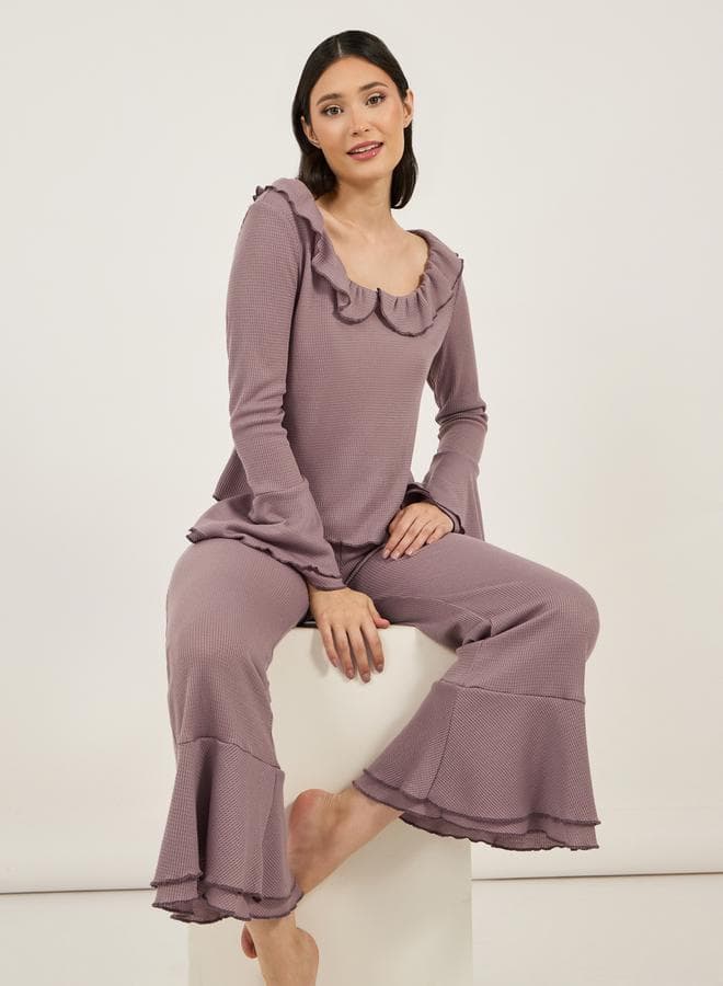 Rib Ruffle Collar Flared Sleeve Pyjama Set - Image 1
